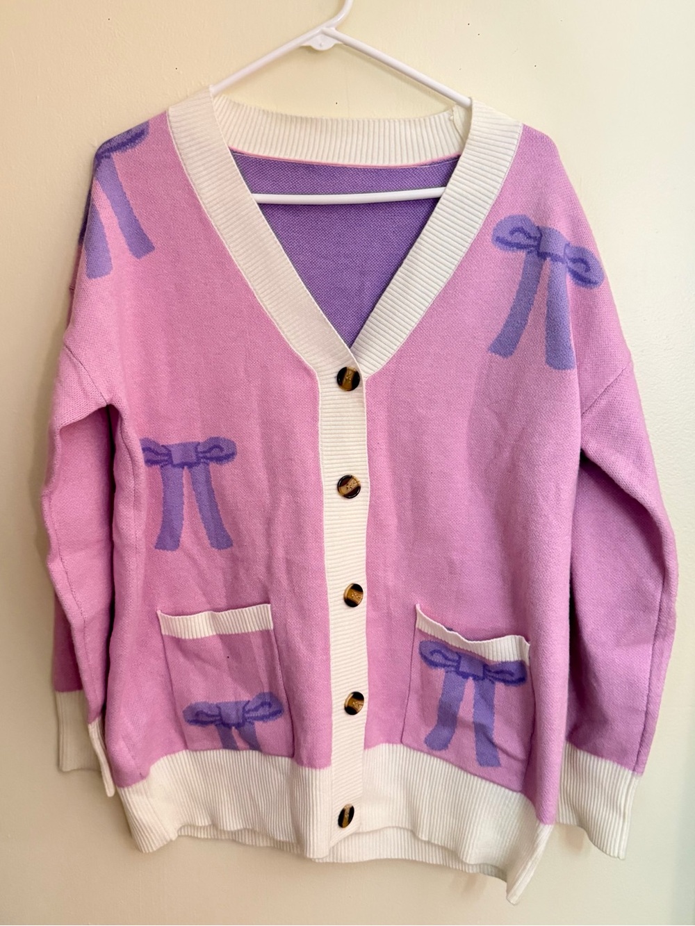 Pink Bow-Print V-Neck Cardigan Sweater - Cream Trim